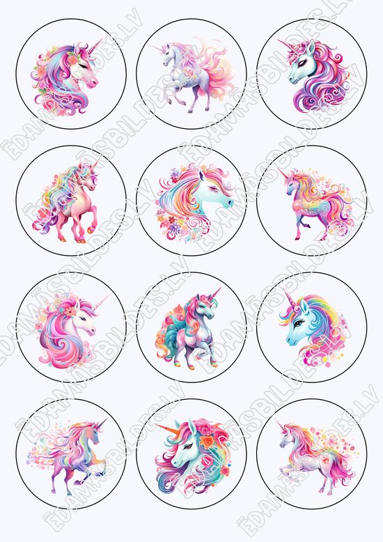 Cukura papīrs ar apdruku "Vienradzis" kapkeiku aplīši 6 cm